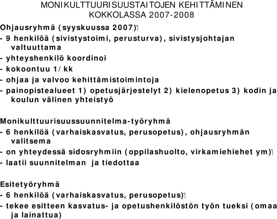 yhteistyö Monikulttuurisuussuunnitelma-työryhmä - 6 henkilöä (varhaiskasvatus, perusopetus), ohjausryhmän valitsema ( ym - on yhteydessä sidosryhmiin (oppilashuolto,