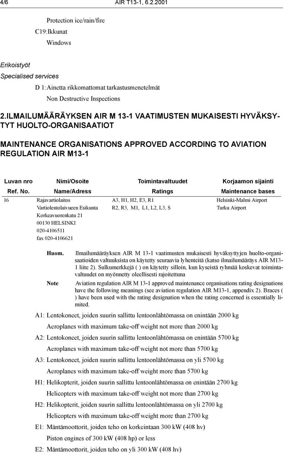 Name/Adress 16 Rajavartiolaitos Vartiolentolaivueen Esikunta Korkeavuorenkatu 21 00130 HELSINKI 020-4106511 fax 020-4106621 Toimintavaltuudet Ratings A3, H1, H2, E3, R1 R2, R3, M1, L1, L2, L3, S