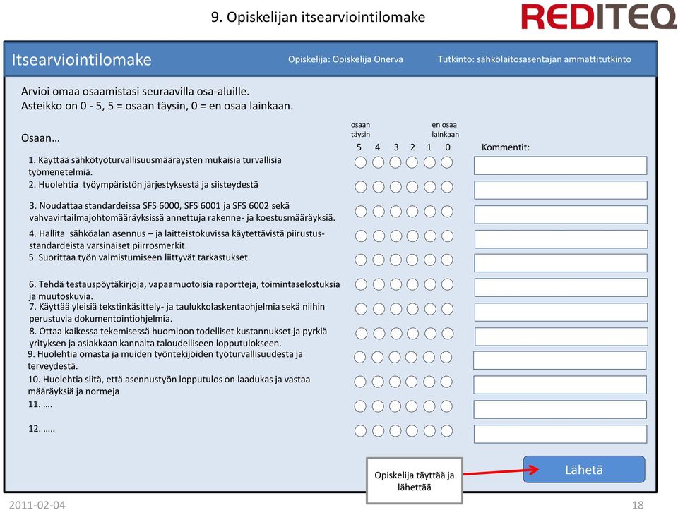 Huolehtia työympäristön järjestyksestä ja siisteydestä osaan en osaa täysin lainkaan 5 4 3 2 1 0 Kommentit: 3.