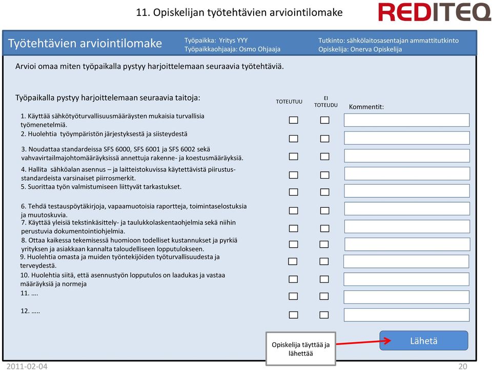 Käyttää sähkötyöturvallisuusmääräysten mukaisia turvallisia työmenetelmiä. 2. Huolehtia työympäristön järjestyksestä ja siisteydestä TOTEUTUU EI TOTEUDU Kommentit: 3.