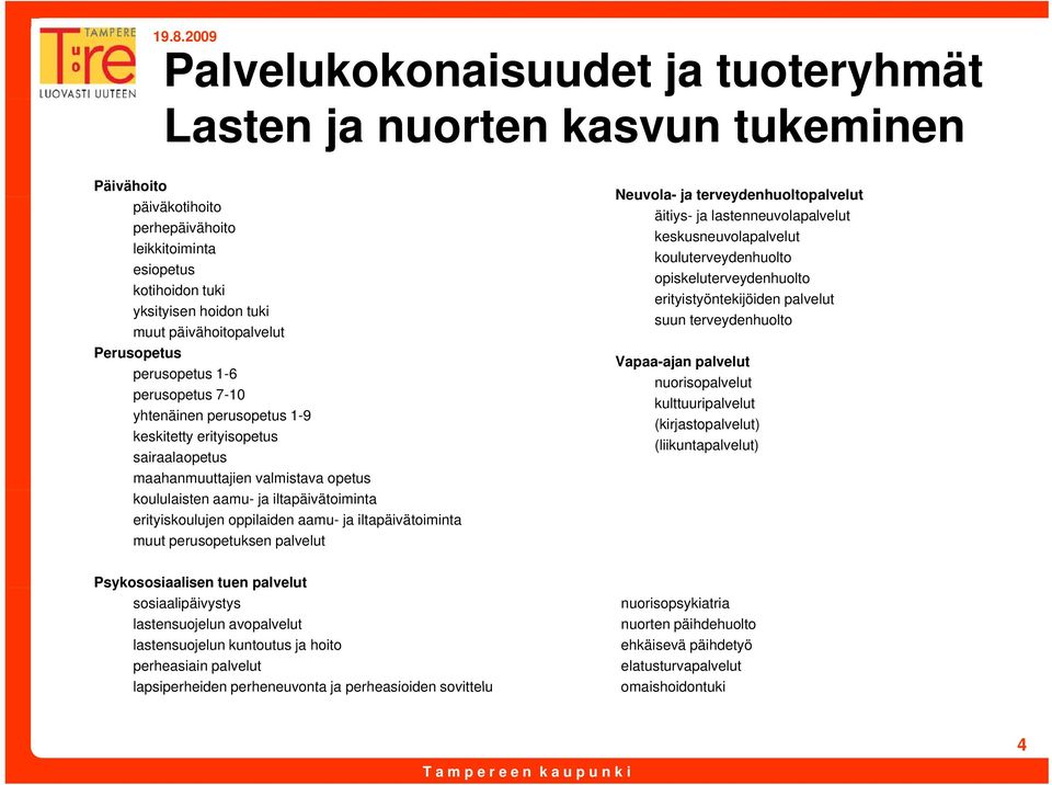 iltapäivätoiminta erityiskoulujen oppilaiden aamu- ja iltapäivätoiminta muut perusopetuksen palvelut Neuvola- ja terveydenhuoltopalvelut äitiys- ja lastenneuvolapalvelut keskusneuvolapalvelut