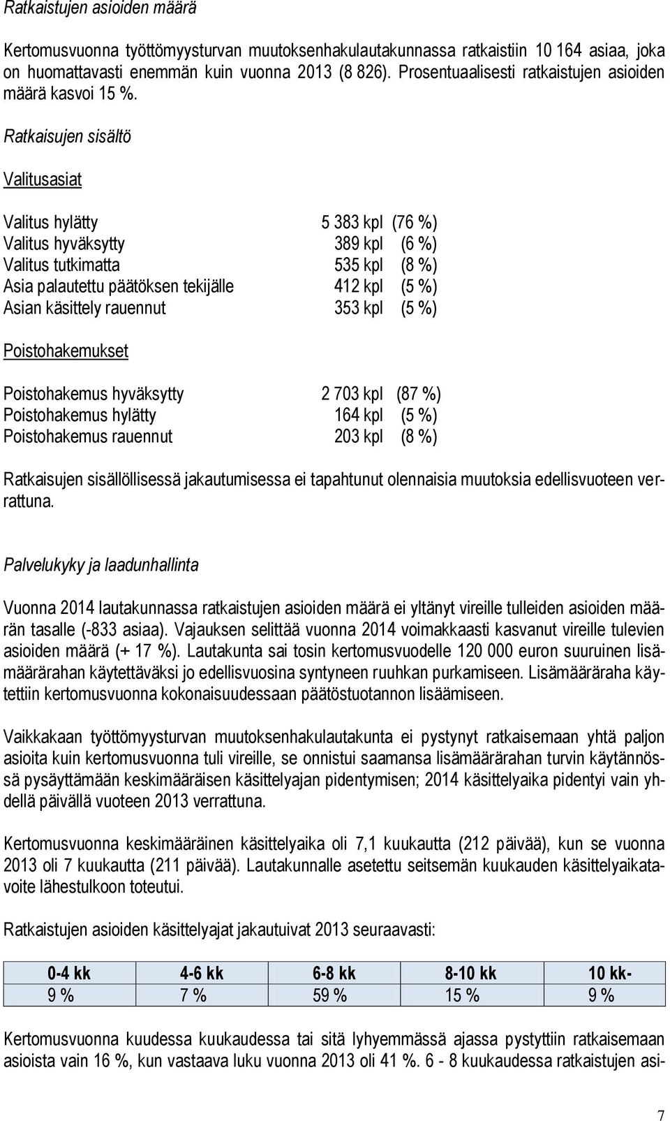 Ratkaisujen sisältö Valitusasiat Valitus hylätty 5 383 kpl (76 %) Valitus hyväksytty 389 kpl (6 %) Valitus tutkimatta 535 kpl (8 %) Asia palautettu päätöksen tekijälle 412 kpl (5 %) Asian käsittely