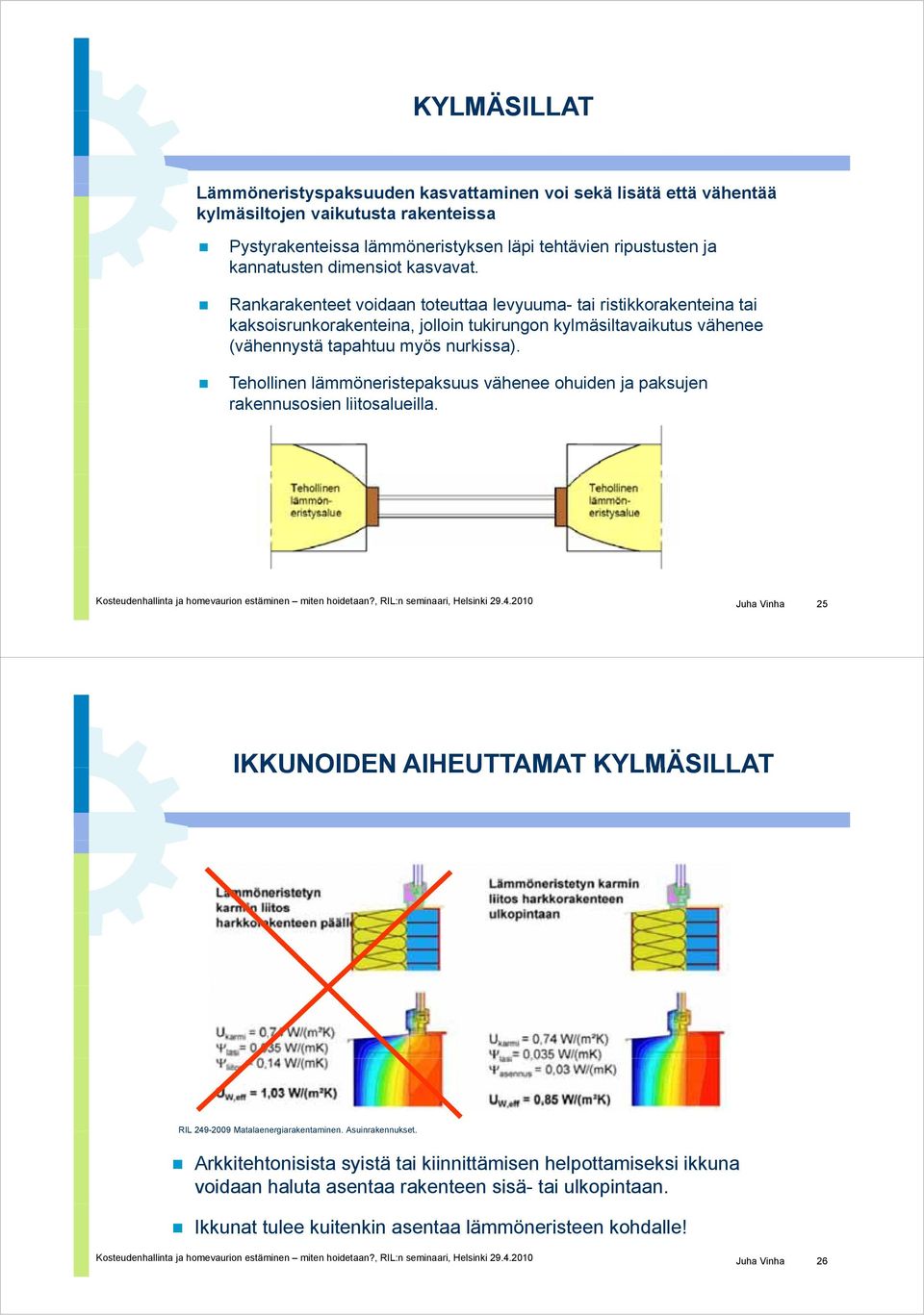 Tehollinen lämmöneristepaksuus vähenee ohuiden ja paksujen rakennusosien liitosalueilla. Kosteudenhallinta ja homevaurion estäminen miten hoidetaan?, RIL:n seminaari, Helsinki 29.4.