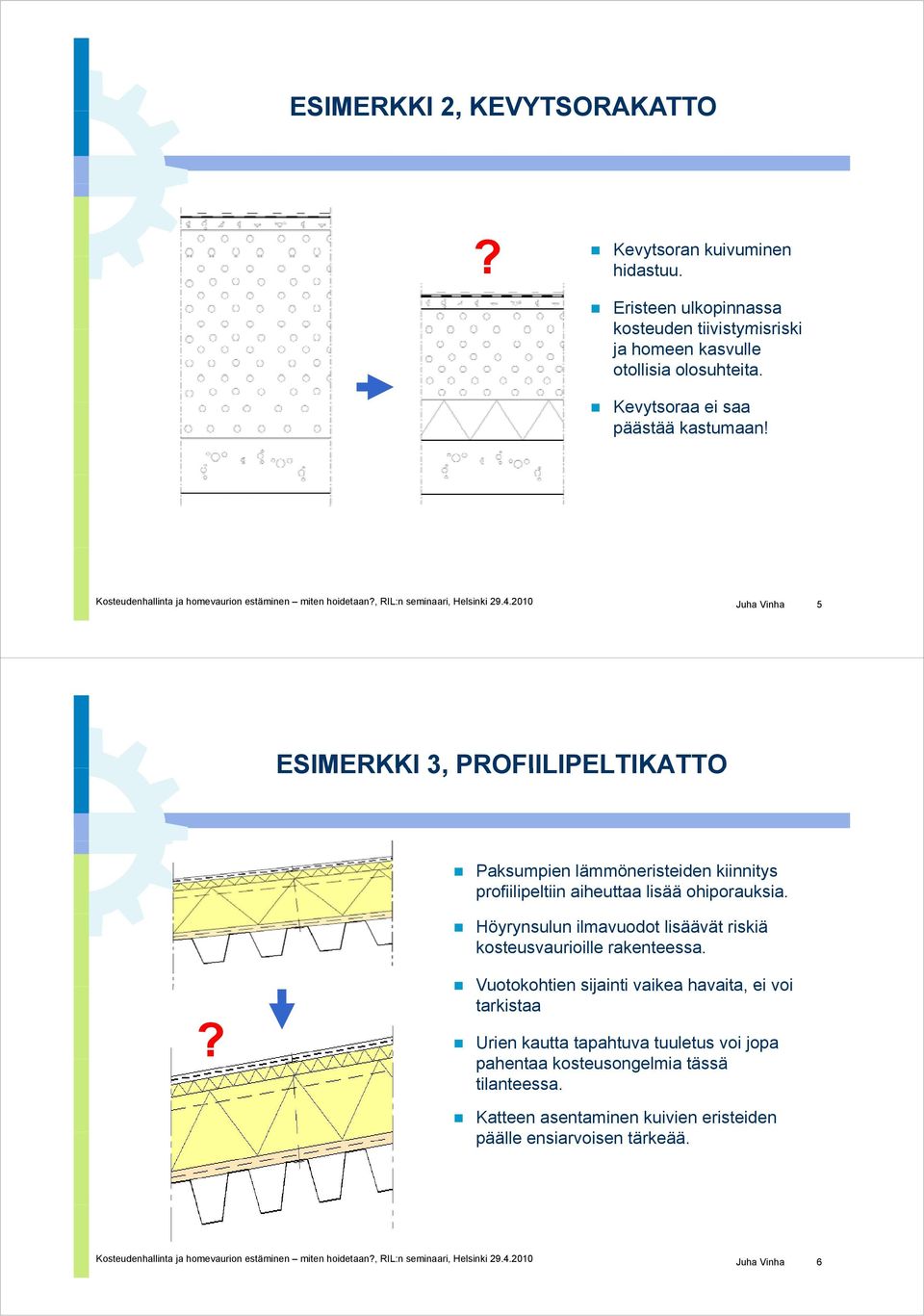 2010 Juha Vinha 5 ESIMERKKI 3, PROFIILIPELTIKATTO Paksumpien lämmöneristeiden kiinnitys profiilipeltiin aiheuttaa lisää ohiporauksia.
