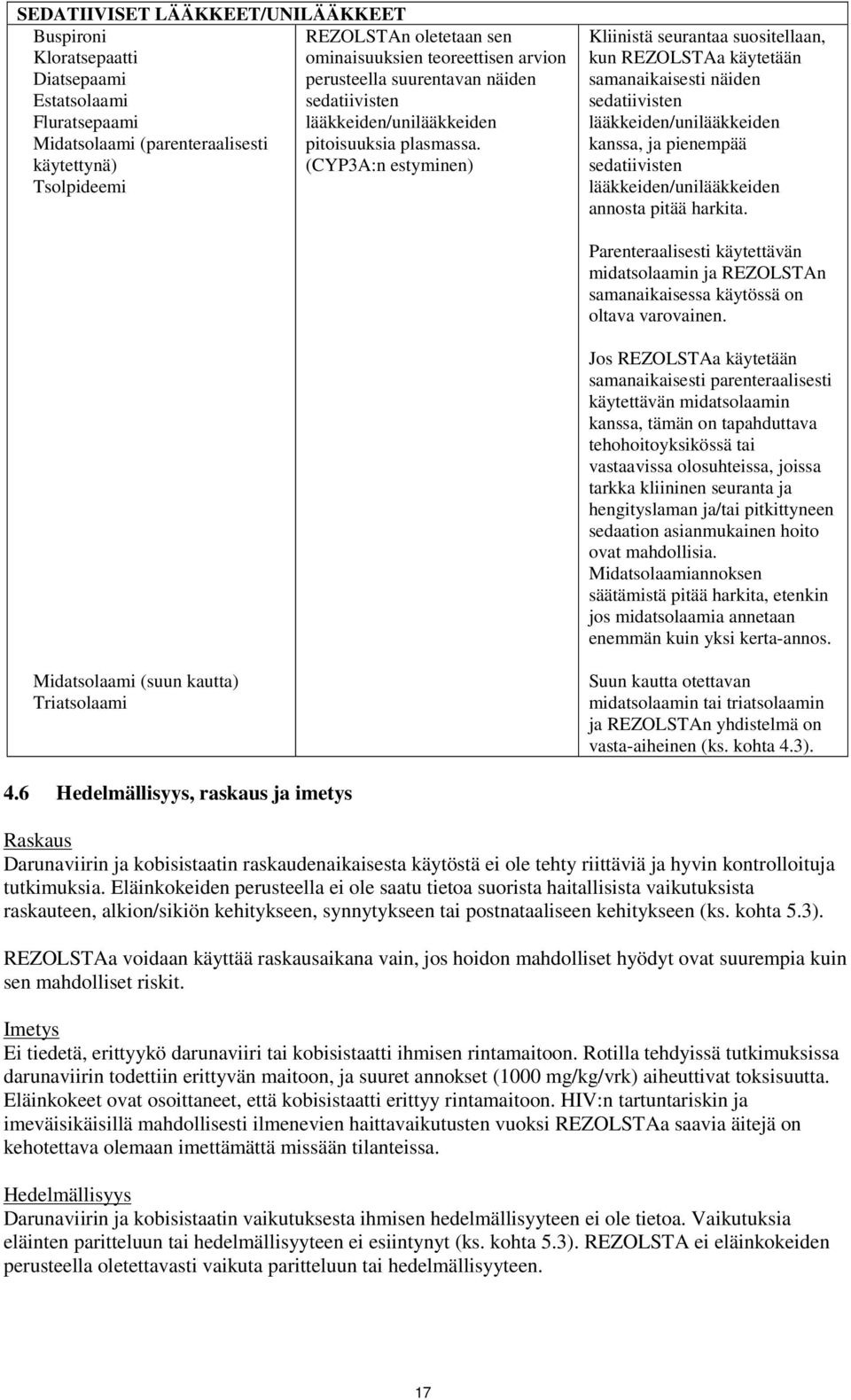 lääkkeiden/unilääkkeiden annosta pitää harkita. Parenteraalisesti käytettävän midatsolaamin ja REZOLSTAn samanaikaisessa käytössä on oltava varovainen.