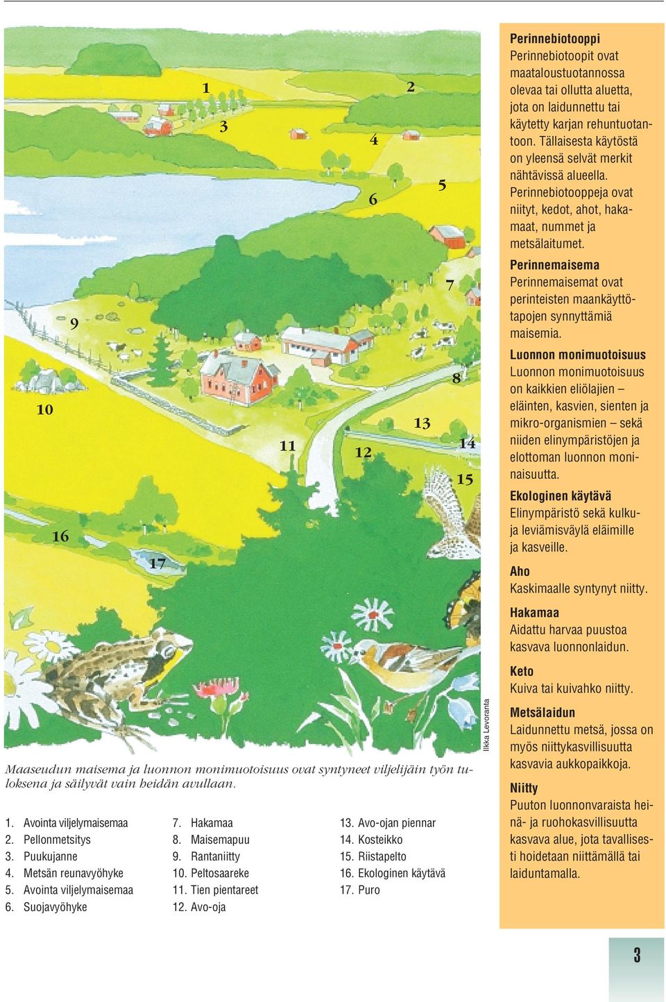 Kosteikko 15. Riistapelto 16. Ekologinen käytävä 17.