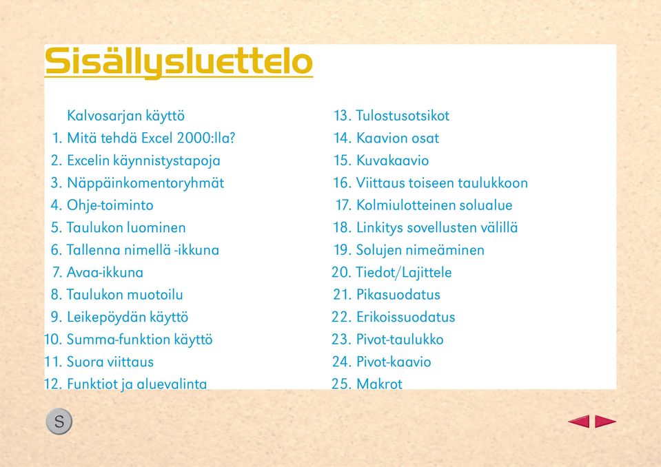 Suora viittaus 12. Funktiot ja aluevalinta 13. Tulostusotsikot 14. Kaavion osat 15. Kuvakaavio 16. Viittaus toiseen taulukkoon 17.