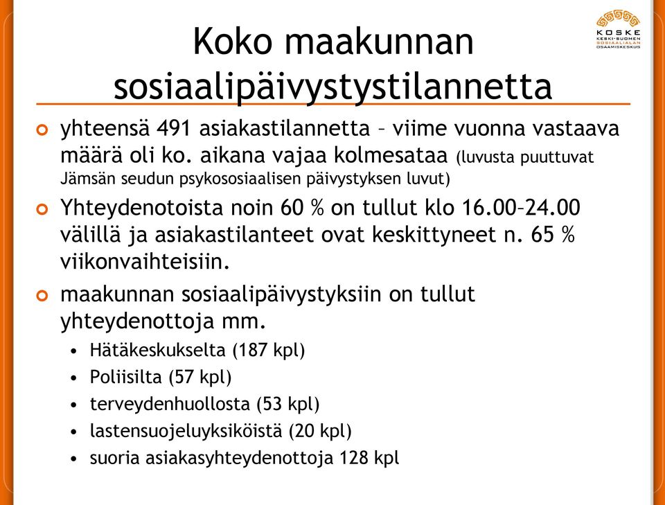 16.00 24.00 välillä ja asiakastilanteet ovat keskittyneet n. 65 % viikonvaihteisiin.