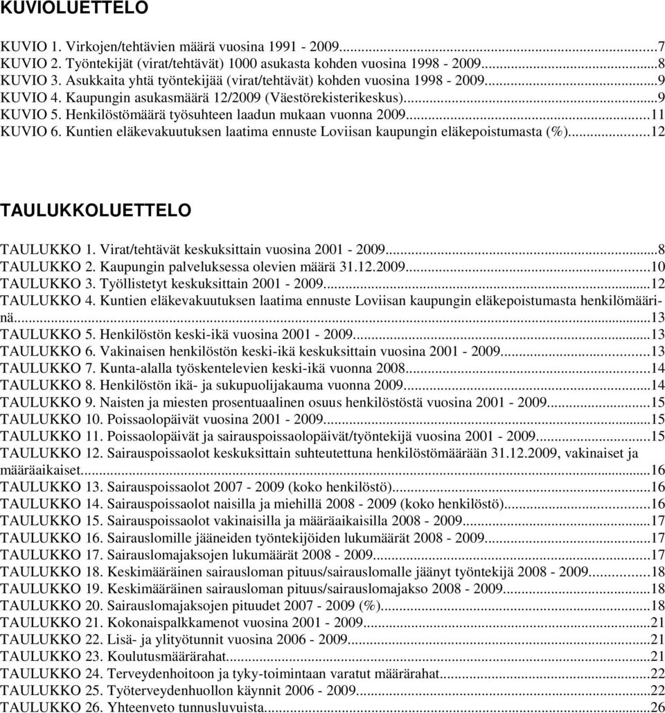 ..11 KUVIO 6. Kuntien eläkevakuutuksen laatima ennuste Loviisan kaupungin eläkepoistumasta (%)...12 TAULUKKOLUETTELO TAULUKKO 1. Virat/tehtävät keskuksittain vuosina 2001 -...8 TAULUKKO 2.