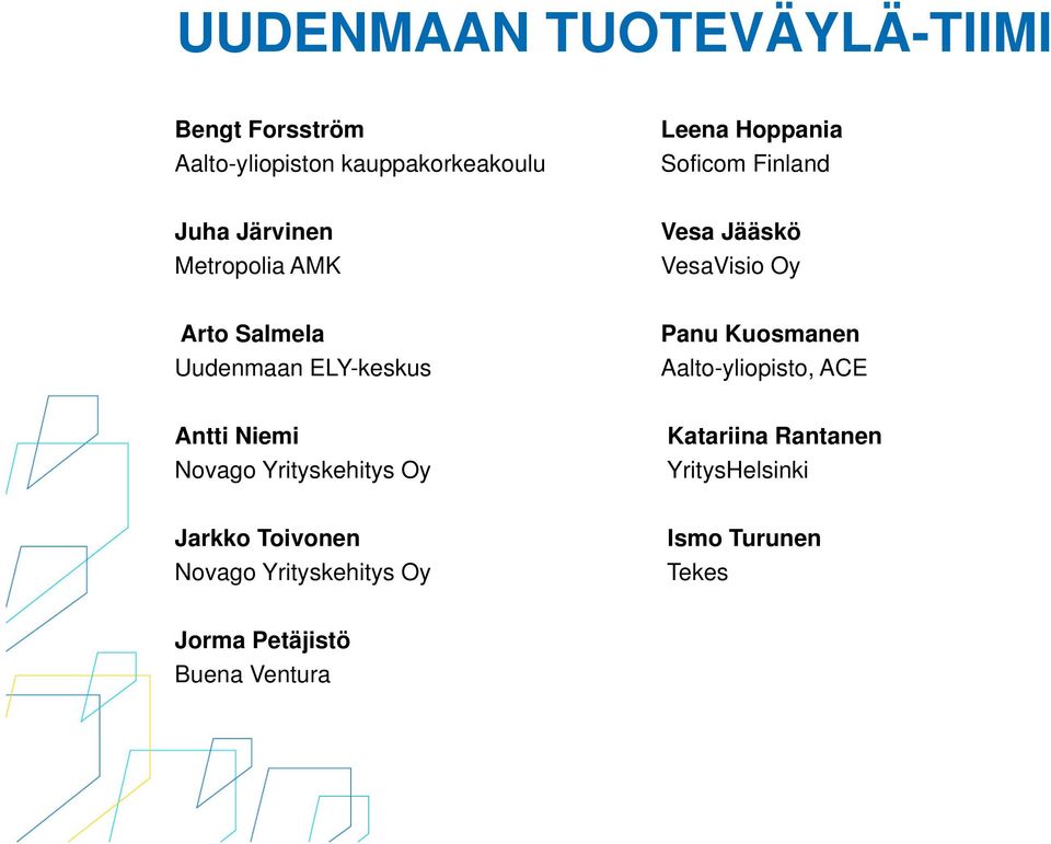 ELY-keskus Panu Kuosmanen Aalto-yliopisto, ACE Antti Niemi Novago Yrityskehitys Oy Katariina