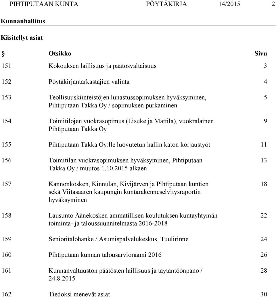 luovutetun hallin katon korjaustyöt 11 156 Toimitilan vuokrasopimuksen hyväksyminen, Pihtiputaan Takka Oy / muutos 1.10.