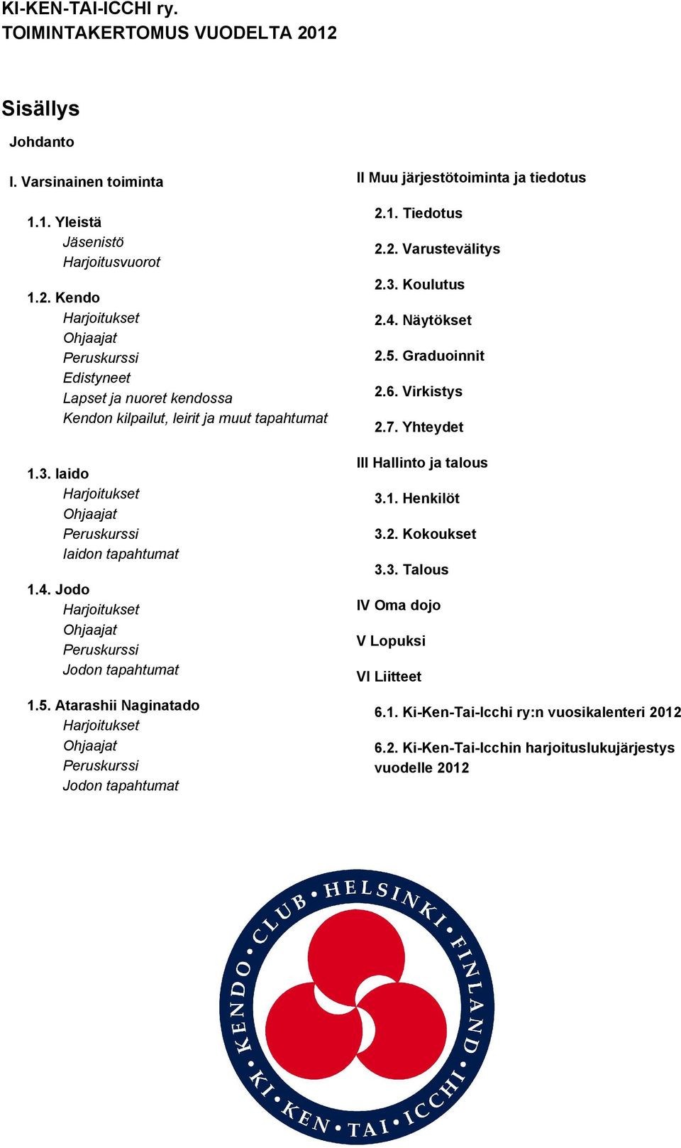 Jodo Harjoitukset Ohjaajat Peruskurssi Jodon tapahtumat 1.5. Atarashii Naginatado Harjoitukset Ohjaajat Peruskurssi Jodon tapahtumat II Muu järjestötoiminta ja tiedotus 2.1. Tiedotus 2.2. Varustevälitys 2.