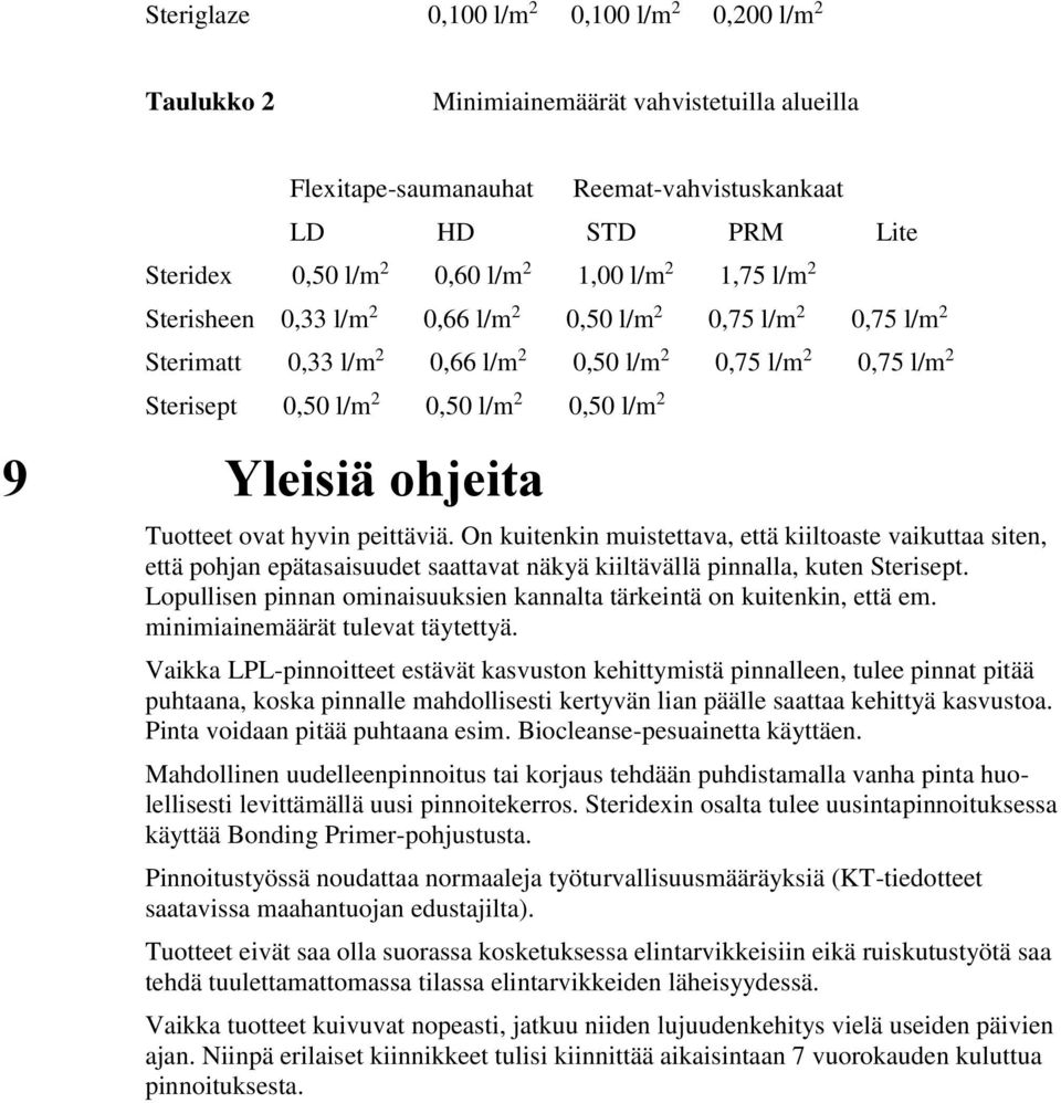 Yleisiä ohjeita Tuotteet ovat hyvin peittäviä. On kuitenkin muistettava, että kiiltoaste vaikuttaa siten, että pohjan epätasaisuudet saattavat näkyä kiiltävällä pinnalla, kuten Sterisept.