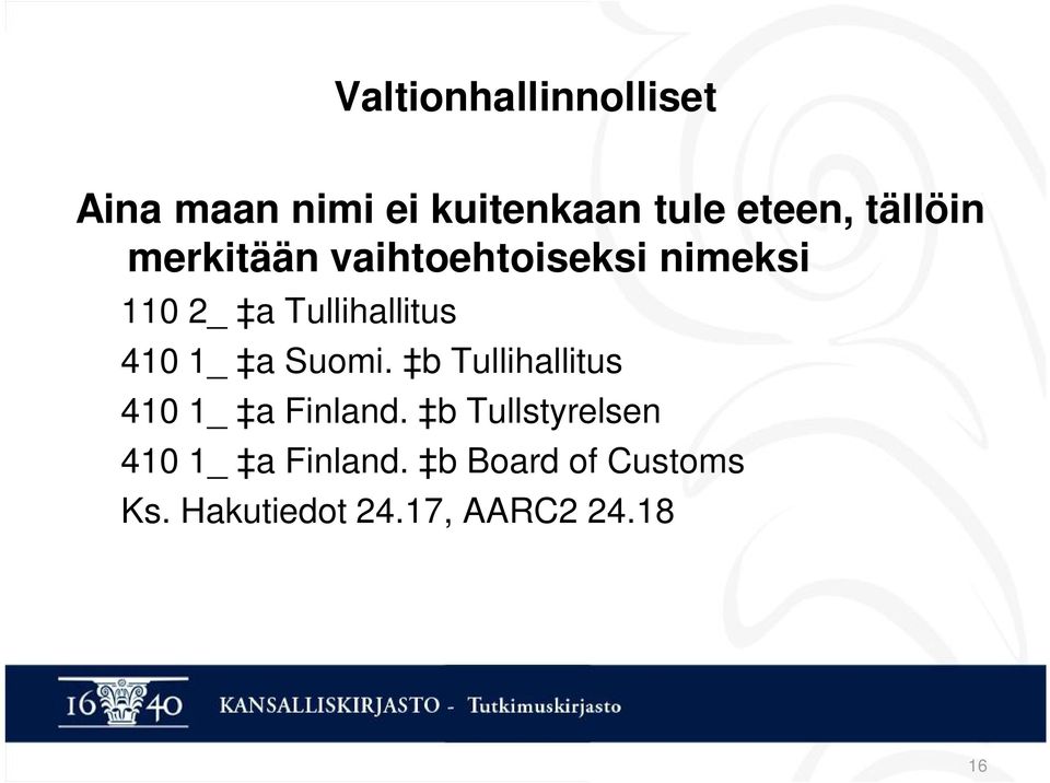 410 1_ a Suomi. b Tullihallitus 410 1_ a Finland.