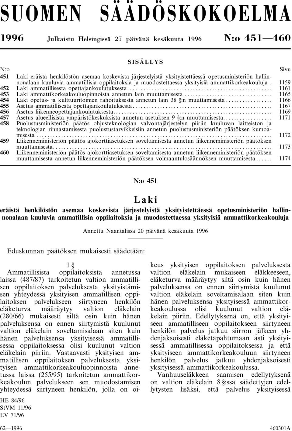 .. 1161 453 Laki ammattikorkeakouluopinnoista annetun lain muuttamisesta... 1165 454 Laki opetus- ja kulttuuritoimen rahoituksesta annetun lain 38 :n muuttamisesta.