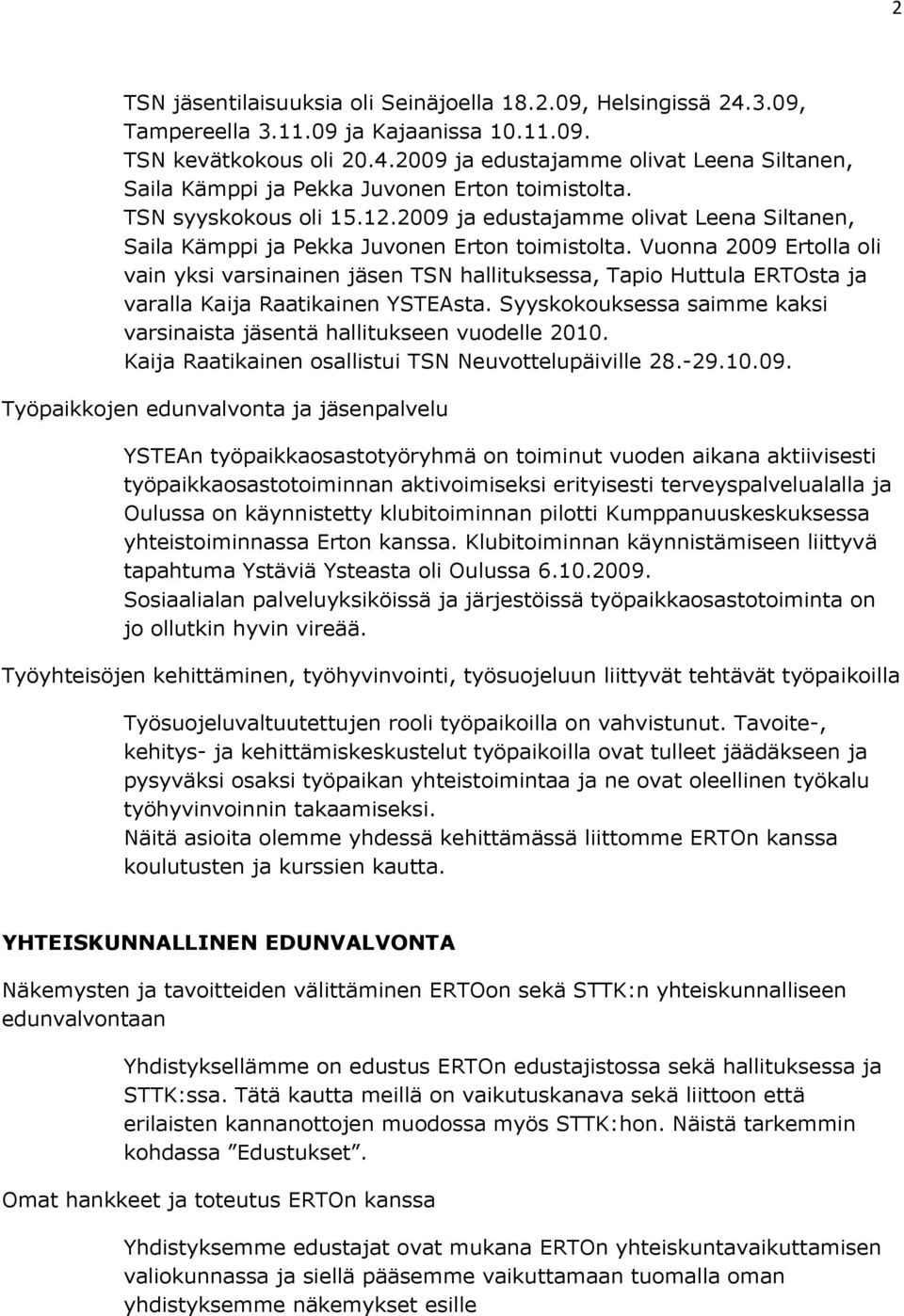 Vuonna 2009 Ertolla oli vain yksi varsinainen jäsen TSN hallituksessa, Tapio Huttula ERTOsta ja varalla Kaija Raatikainen YSTEAsta.