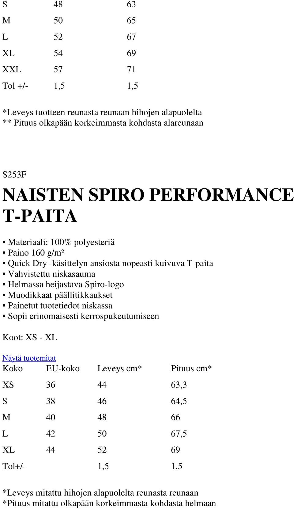 heijastava Spiro-logo Muodikkaat päällitikkaukset Painetut tuotetiedot niskassa Sopii erinomaisesti kerrospukeutumiseen Koot: XS - XL Koko EU-koko Leveys cm*