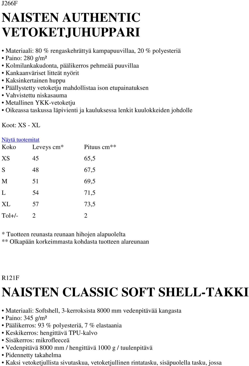 45 65,5 S 48 67,5 M 51 69,5 L 54 71,5 XL 57 73,5 Tol+/- 2 2 * Tuotteen reunasta reunaan hihojen alapuolelta ** Olkapään korkeimmasta kohdasta tuotteen alareunaan R121F NAISTEN CLASSIC SOFT