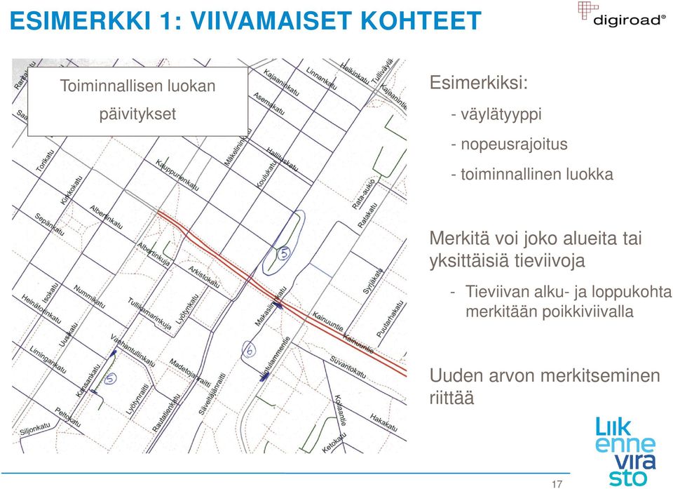 Merkitä voi joko alueita tai yksittäisiä tieviivoja - Tieviivan alku-