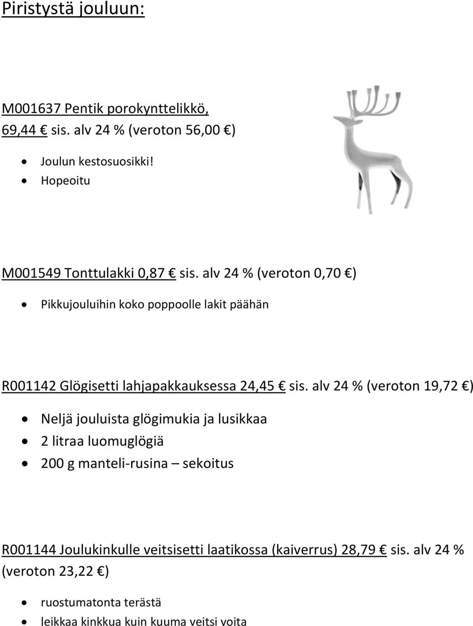 alv 24 % (veroton 0,70 ) Pikkujouluihin koko poppoolle lakit päähän R001142 Glögisetti lahjapakkauksessa 24,45 sis.