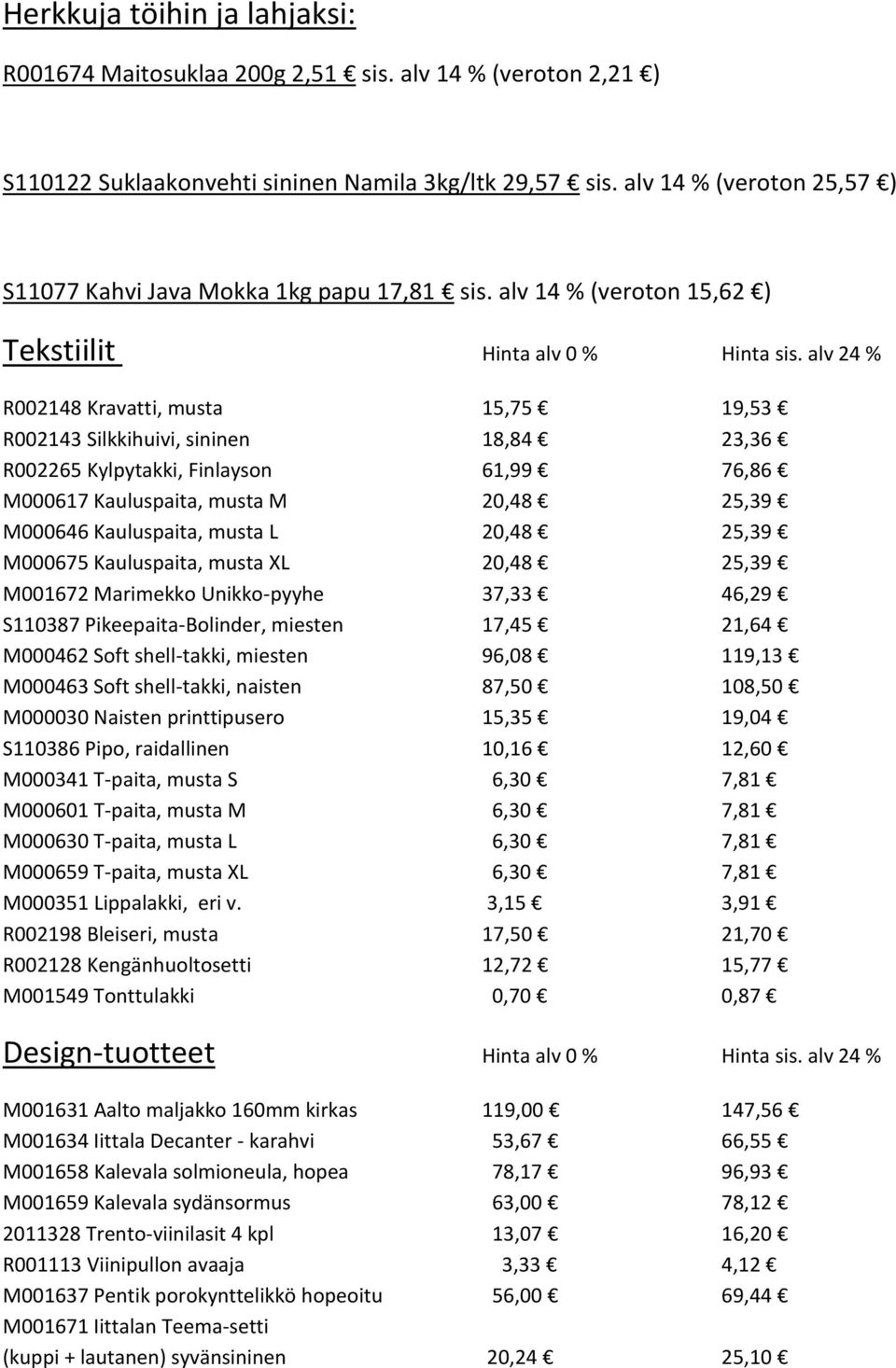 alv 24 % R002148 Kravatti, musta 15,75 19,53 R002143 Silkkihuivi, sininen 18,84 23,36 R002265 Kylpytakki, Finlayson 61,99 76,86 M000617 Kauluspaita, musta M 20,48 25,39 M000646 Kauluspaita, musta L