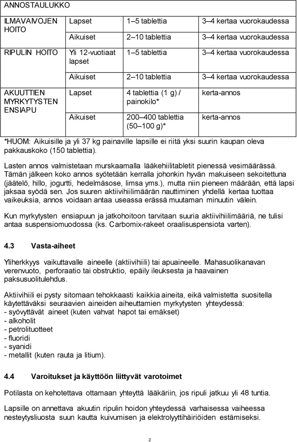 *HUOM: Aikuisille ja yli 37 kg painaville lapsille ei riitä yksi suurin kaupan oleva pakkauskoko (150 tablettia). Lasten annos valmistetaan murskaamalla lääkehiilitabletit pienessä vesimäärässä.