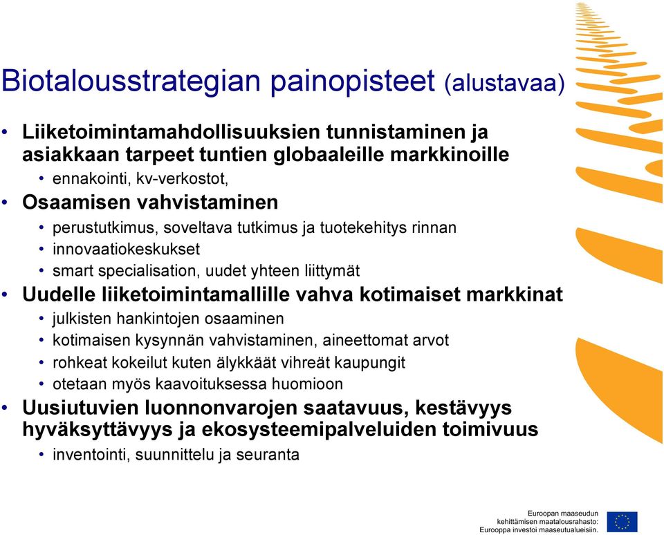 liiketoimintamallille vahva kotimaiset markkinat julkisten hankintojen osaaminen kotimaisen kysynnän vahvistaminen, aineettomat arvot rohkeat kokeilut kuten älykkäät