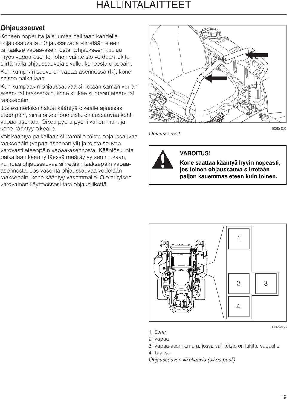 Kun kumpaakin ohjaussauvaa siirretään saman verran eteen- tai taaksepäin, kone kulkee suoraan eteen- tai taaksepäin.