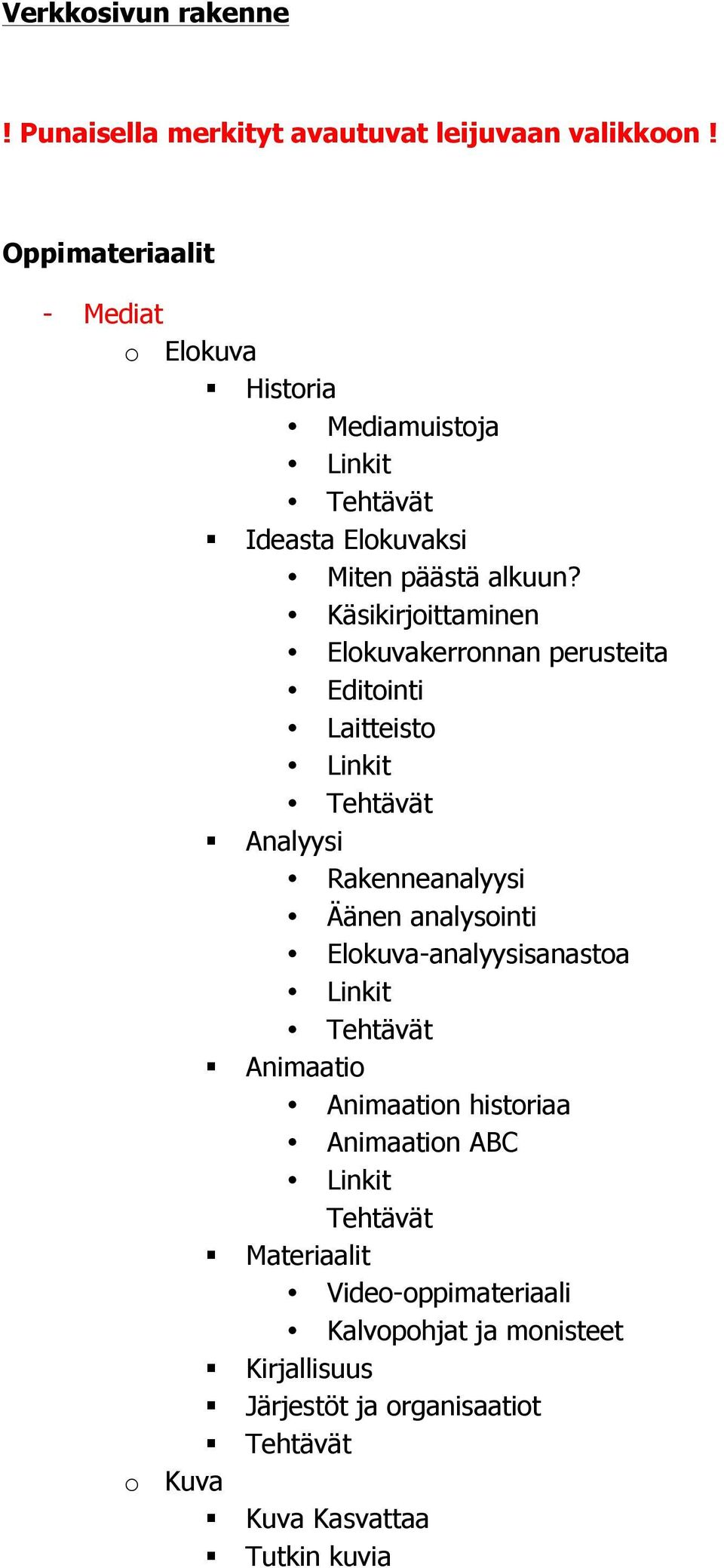 Käsikirjoittaminen Elokuvakerronnan perusteita Editointi Laitteisto Linkit Tehtävät Analyysi Rakenneanalyysi Äänen analysointi