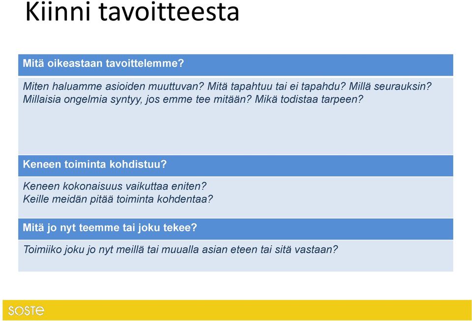 Mikä todistaa tarpeen? Keneen toiminta kohdistuu? Keneen kokonaisuus vaikuttaa eniten?