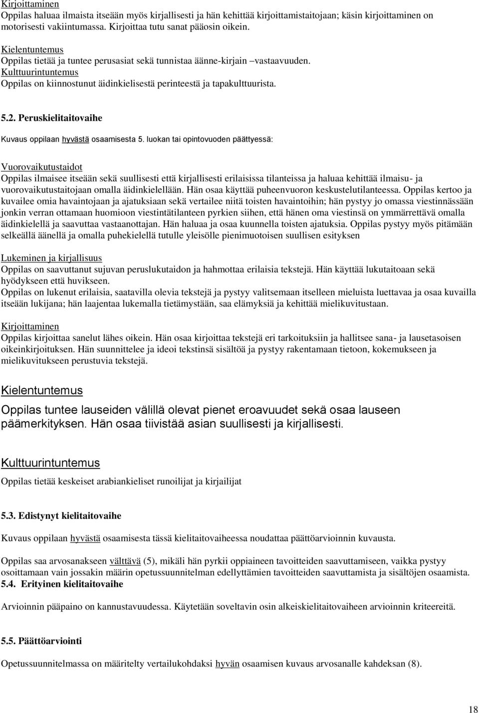 luokan tai opintovuoden päättyessä: ilmaisee itseään sekä suullisesti että kirjallisesti erilaisissa tilanteissa ja haluaa kehittää ilmaisu- ja vuorovaikutustaitojaan omalla äidinkielellään.