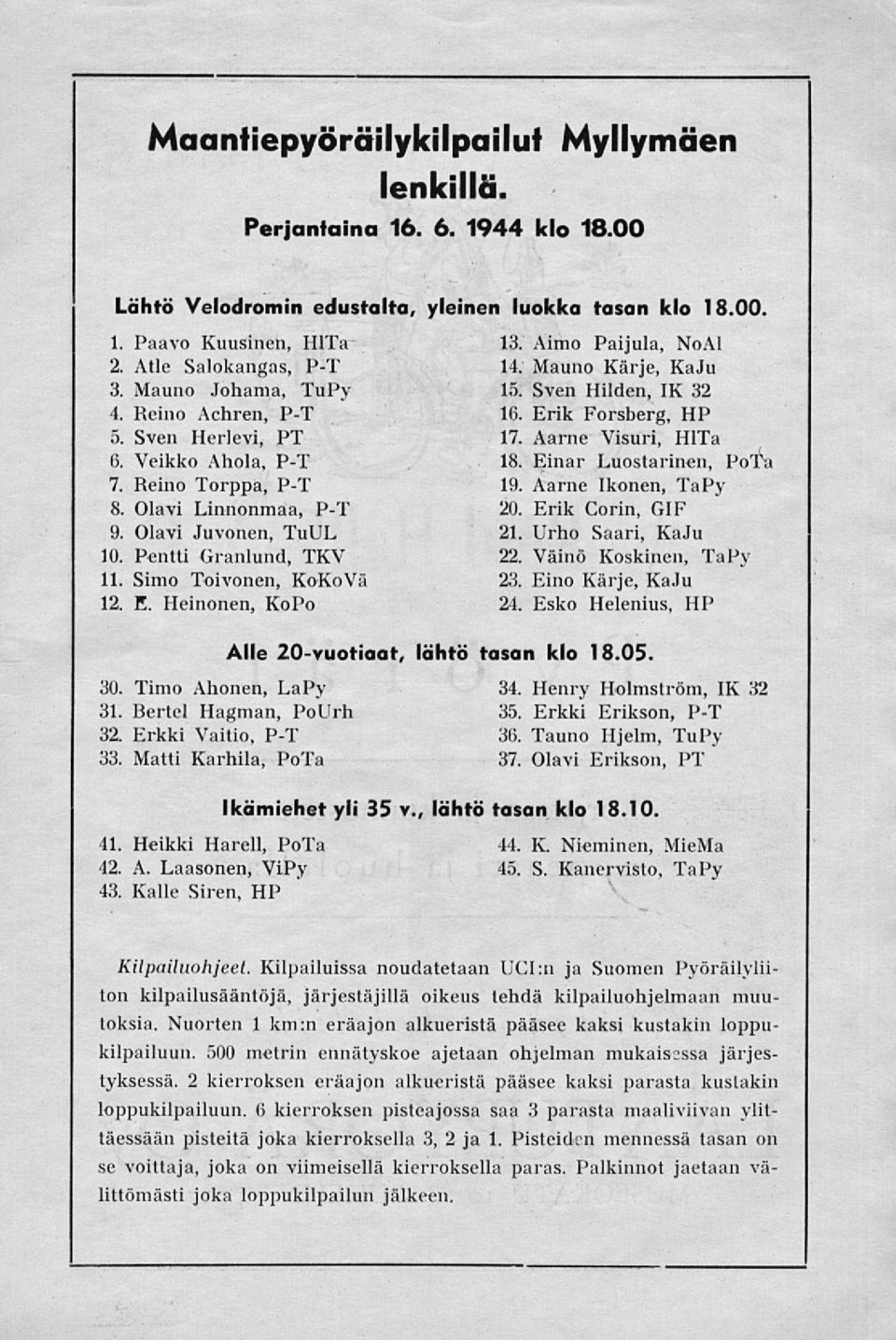 Simo Toivonen, KoKoVä 12. E. Heinonen, KoPo 13. Aimo Paijula, NoAl 14. Mauno Kärje, KaJu 15: Sven Hilden, IX 32 16. Erik Forsberg, HP 17. Aarne Visuri, HITa 18. Einar Luostarinen, Pola 19.