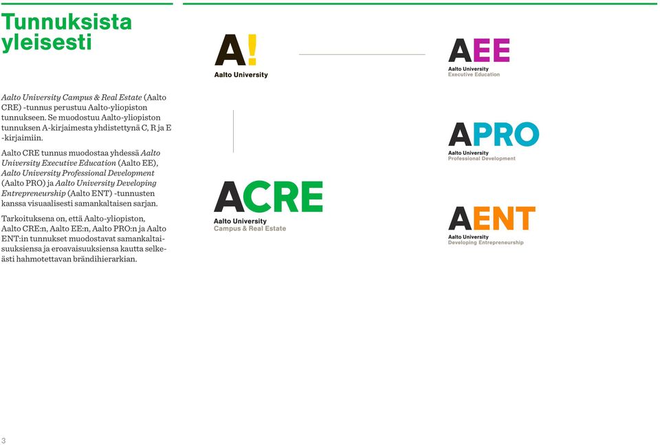 Aalto CRE tunnus muodostaa yhdessä Aalto University Eecutive Education (Aalto EE), Aalto University Professional Development (Aalto PRO) ja Aalto University Developing