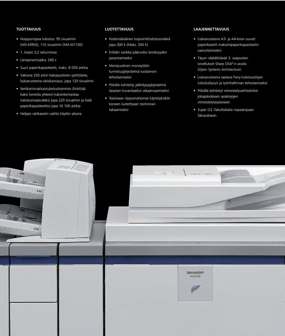 tulostusnopeudeksi jopa 220 sivua/min ja lisää paperikapasiteetiksi jopa 16 100 arkkia Helppo värikasetin vaihto käytön aikana LUOTETTAVUUS Keskimääräinen kopiointi/tulostusmäärä jopa 300 k (Maks.