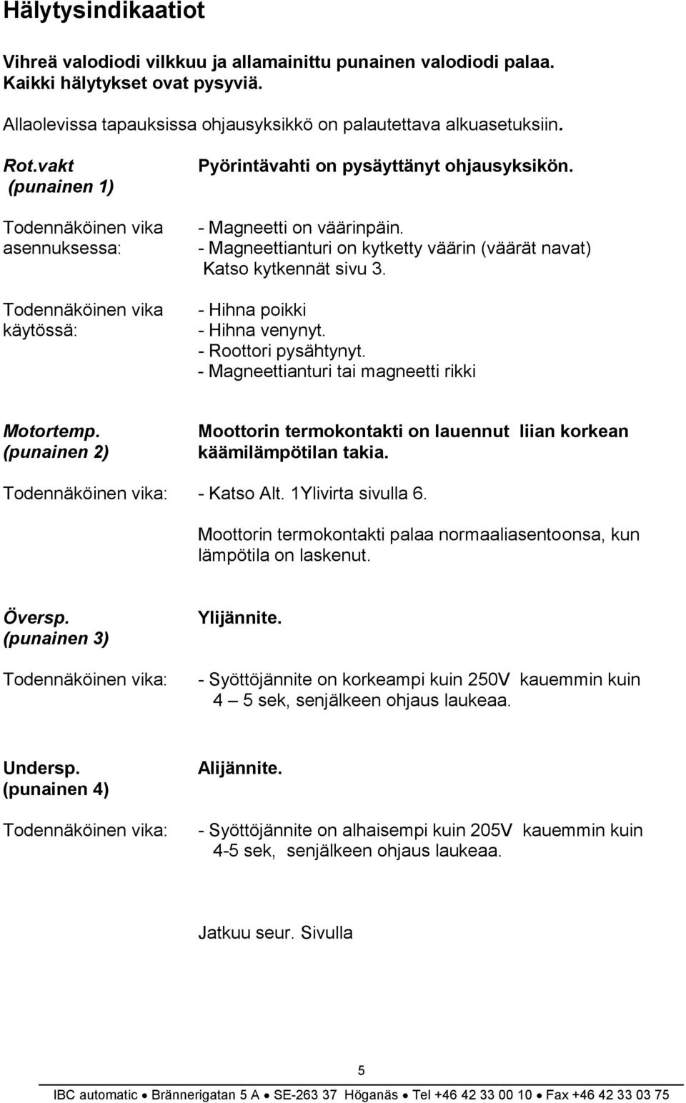 - Magneettianturi on kytketty väärin (väärät navat) Katso kytkennät sivu 3. - Hihna poikki - Hihna venynyt. - Roottori pysähtynyt. - Magneettianturi tai magneetti rikki Motortemp.