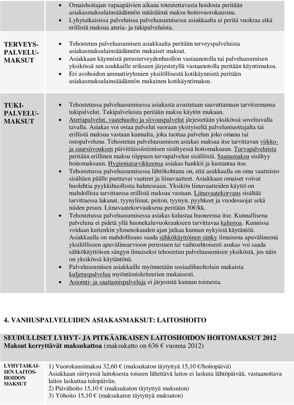 Tehostetun palveluasumisen asiakkaalta peritään terveyspalveluista asiakasmaksulainsäädännön mukaiset maksut.