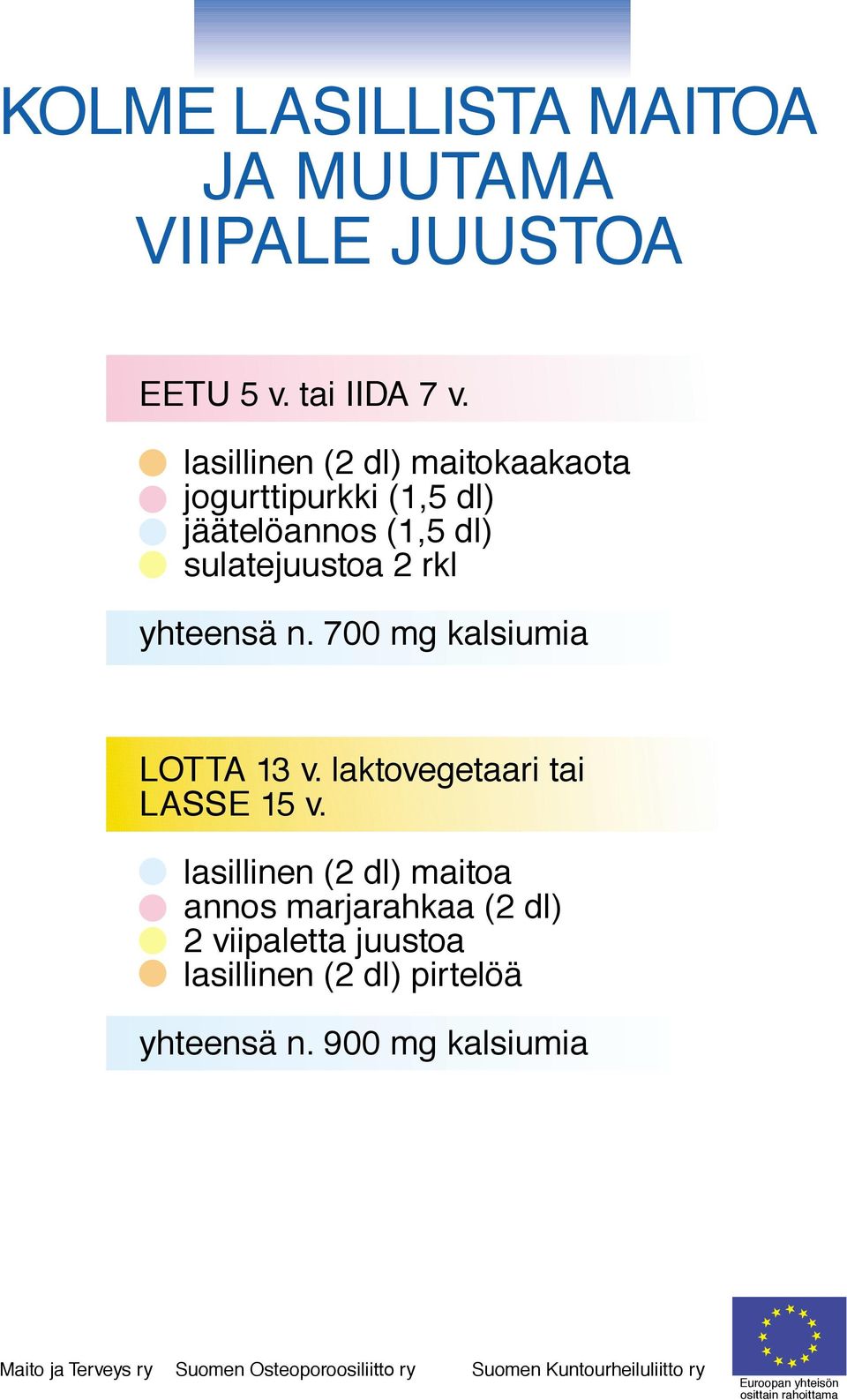 2 rkl yhteensä n. 700 mg kalsiumia LOTTA 13 v. laktovegetaari tai LASSE 15 v.