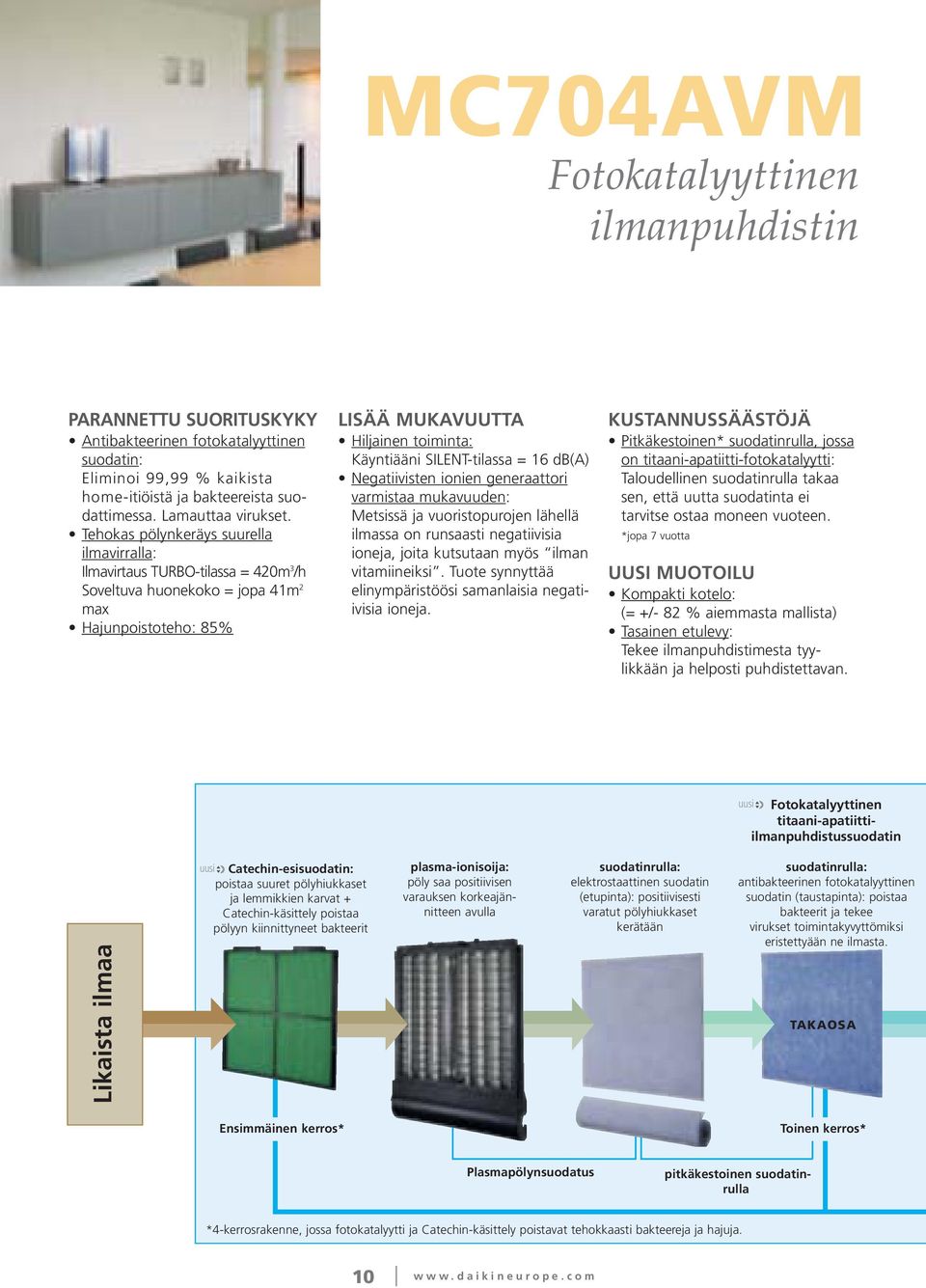 SILENT-tilassa = 16 db(a) Negatiivisten ionien generaattori varmistaa mukavuuden: Metsissä ja vuoristopurojen lähellä ilmassa on runsaasti negatiivisia ioneja, joita kutsutaan myös ilman
