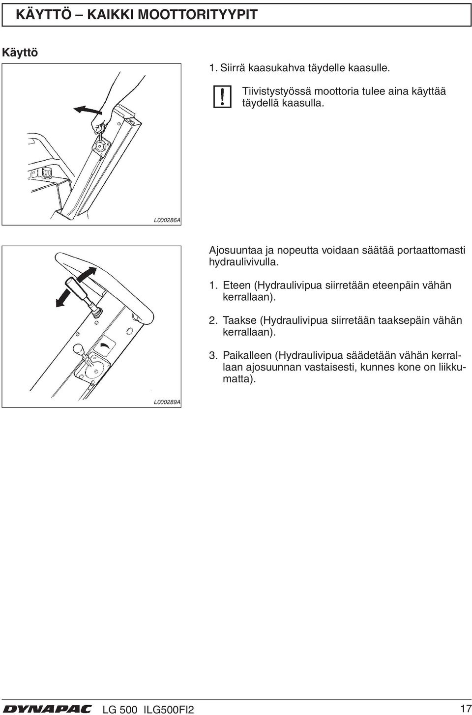 L000286A Ajosuuntaa ja nopeutta voidaan säätää portaattomasti hydraulivivulla. 1.