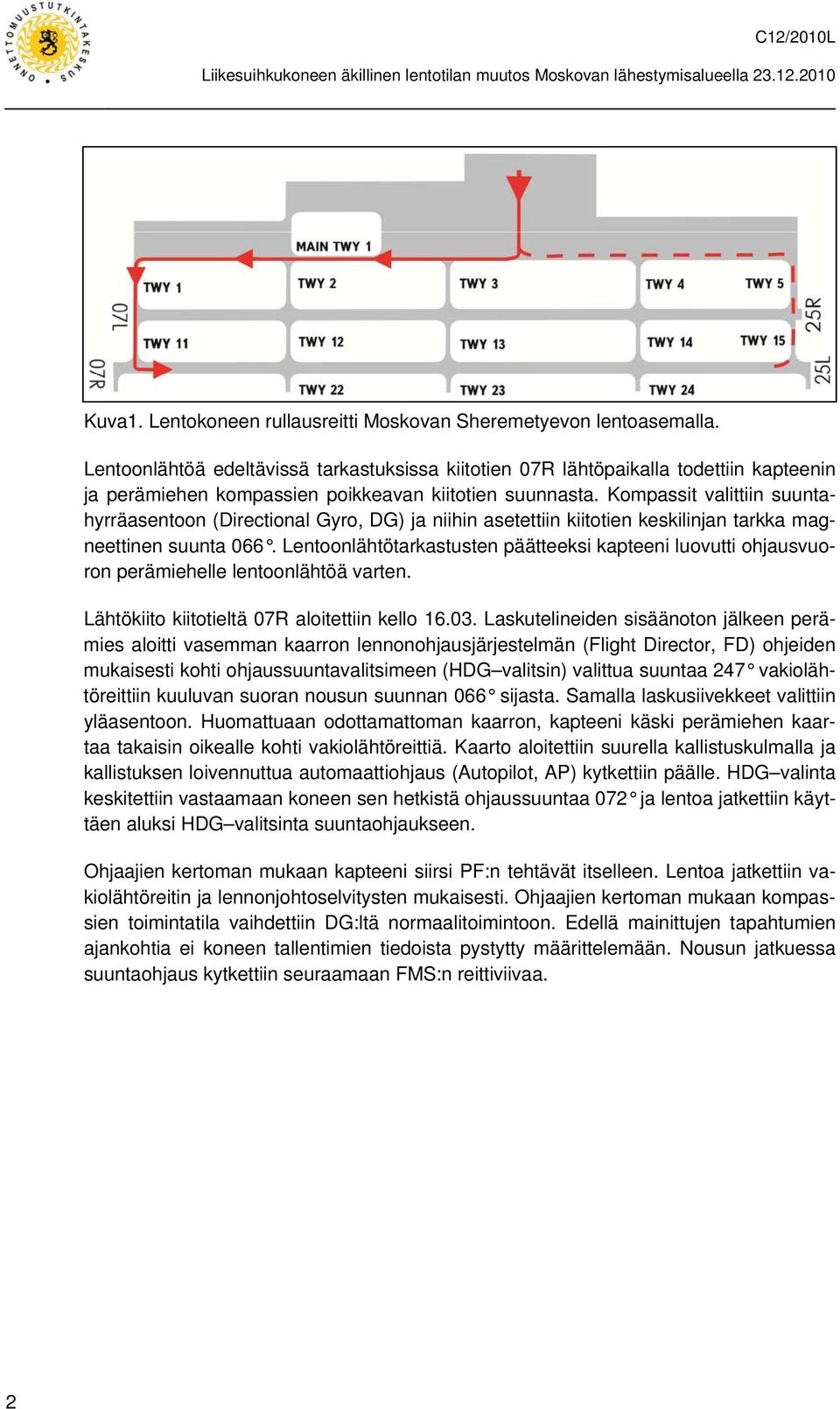 Kompassit valittiin suuntahyrräasentoon (Directional Gyro, DG) ja niihin asetettiin kiitotien keskilinjan tarkka magneettinen suunta 066.