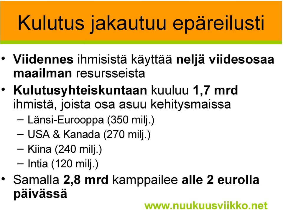 asuu kehitysmaissa Länsi-Eurooppa (350 milj.) USA & Kanada (270 milj.