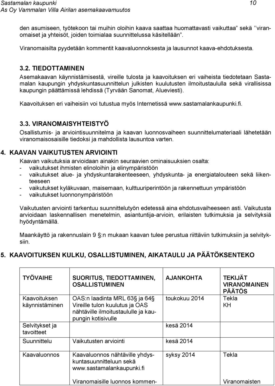 TIEDOTTAMINEN Asemakaavan käynnistämisestä, vireille tulosta ja kaavoituksen eri vaiheista tiedotetaan Sastamalan kaupungin yhdyskuntasuunnittelun julkisten kuulutusten ilmoitustaululla sekä