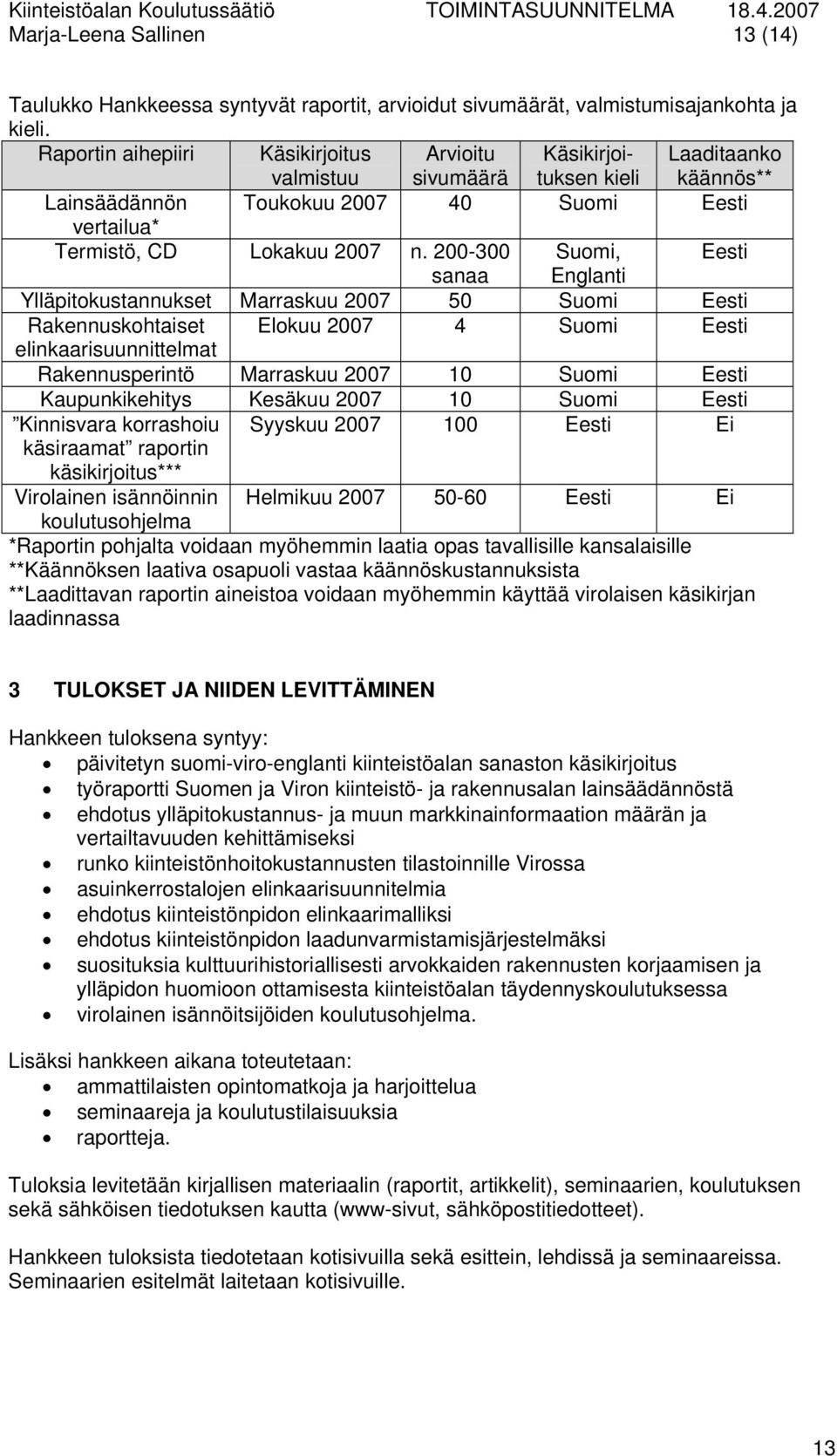 200-300 Suomi, Eesti sanaa Englanti Ylläpitokustannukset Marraskuu 2007 50 Suomi Eesti Rakennuskohtaiset Elokuu 2007 4 Suomi Eesti elinkaarisuunnittelmat Rakennusperintö Marraskuu 2007 10 Suomi Eesti