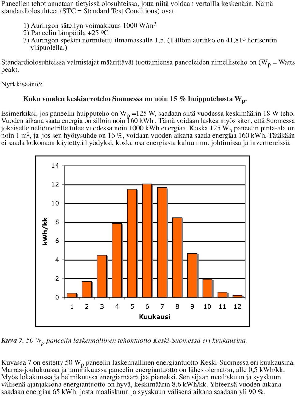 (Tällöin aurinko on 41,81 o horisontin yläpuolella.) Standardiolosuhteissa valmistajat määrittävät tuottamiensa paneeleiden nimellisteho on (W p = Watts peak).