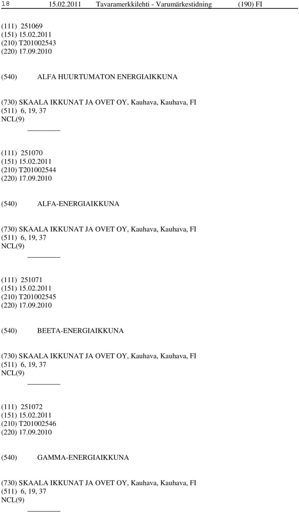 2010 ALFA-ENERGIAIKKUNA (730) SKAALA IKKUNAT JA OVET OY, Kauhava, Kauhava, FI (511) 6, 19, 37 (111) 251071 (210) T201002545 (220) 17.09.