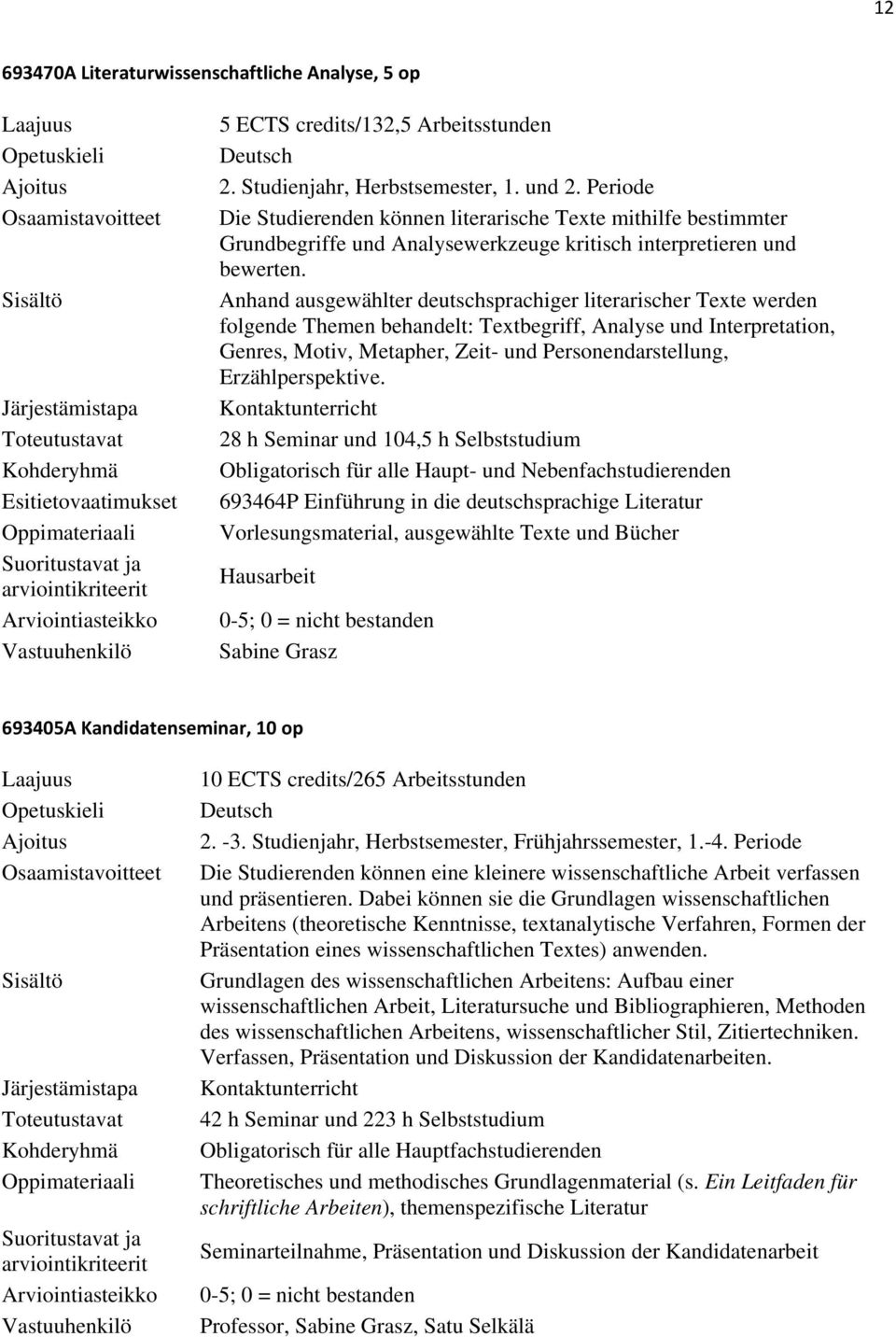 Anhand ausgewählter deutschsprachiger literarischer Texte werden folgende Themen behandelt: Textbegriff, Analyse und Interpretation, Genres, Motiv, Metapher, Zeit- und Personendarstellung,