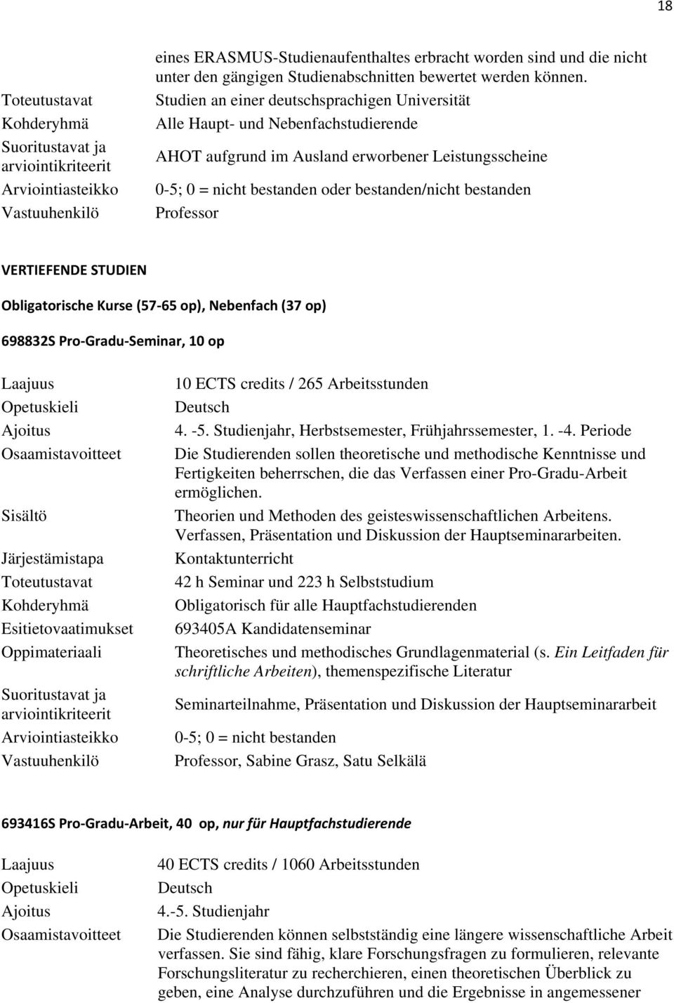 Obligatorische Kurse (57 65 op), Nebenfach (37 op) 698832S Pro Gradu Seminar, 10 op 10 ECTS credits / 265 Arbeitsstunden 4. -5. Studienjahr, Herbstsemester, Frühjahrssemester, 1. -4.