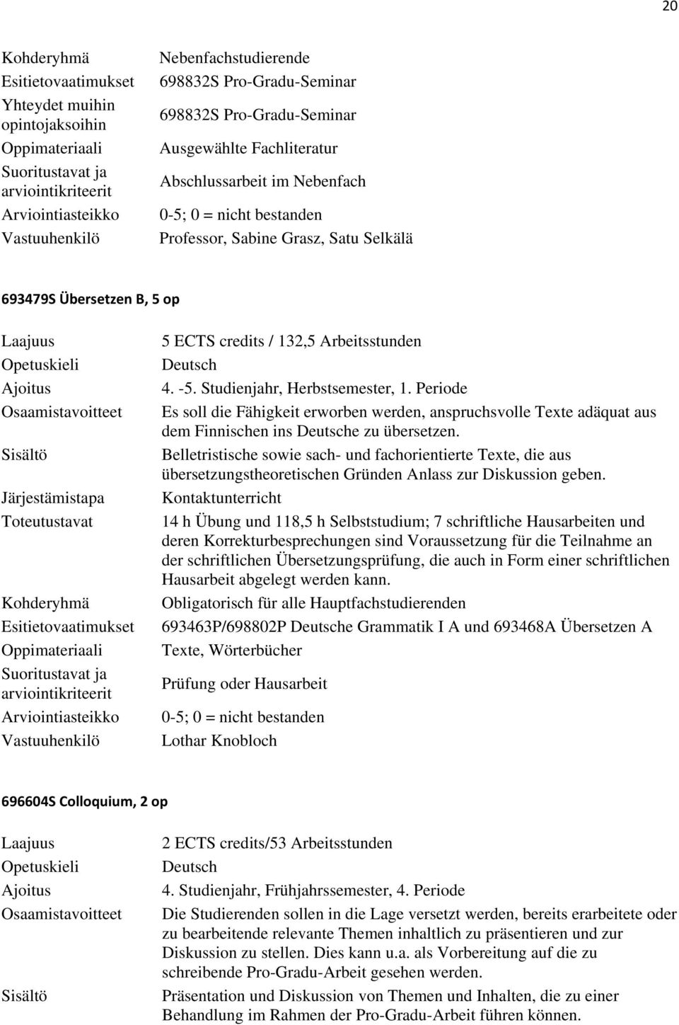 Periode Es soll die Fähigkeit erworben werden, anspruchsvolle Texte adäquat aus dem Finnischen ins e zu übersetzen.