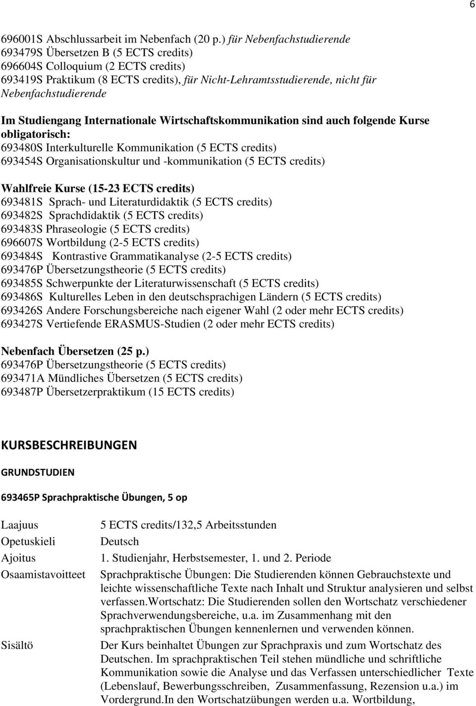 Im Studiengang Internationale Wirtschaftskommunikation sind auch folgende Kurse obligatorisch: 693480S Interkulturelle Kommunikation (5 ECTS credits) 693454S Organisationskultur und -kommunikation (5