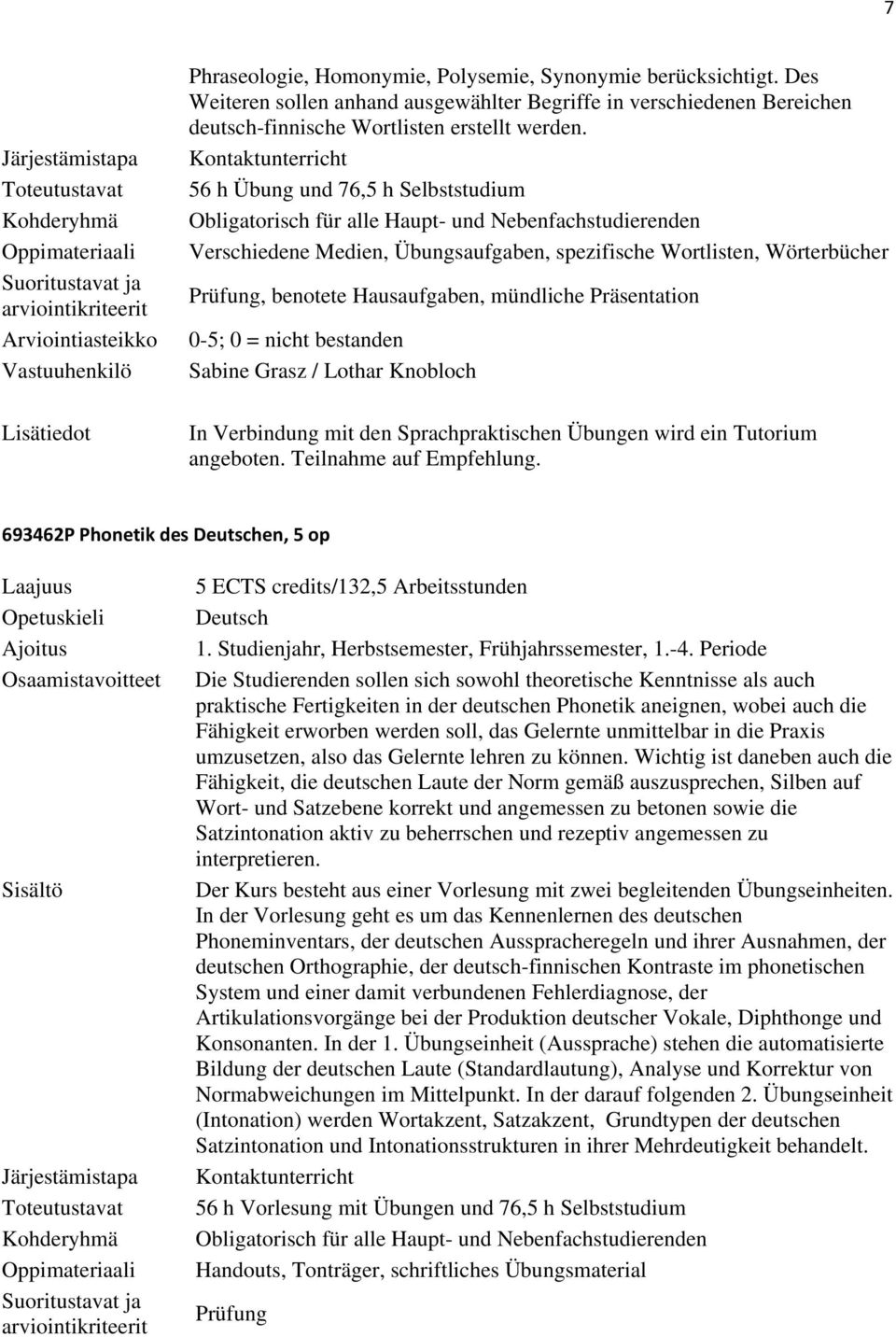 mündliche Präsentation Sabine Grasz / Lothar Knobloch In Verbindung mit den Sprachpraktischen Übungen wird ein Tutorium angeboten. Teilnahme auf Empfehlung. 693462P Phonetik des en, 5 op 1.
